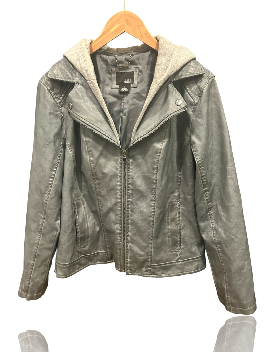 a.n.a Gray Faux Leather Moto Jacket Y2K Hooded Motorcycle Jacket Size L - Picture 5 of 7